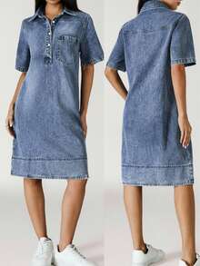 Flexra Women's Summer Polo Collar Short Sleeve Straight Loose Casual Denim Dress - Blue - View 8