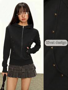 Rina Fox 女士休闲铆钉设计拉链卫衣 - 黑色 - 查看 1