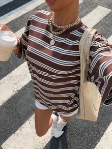 Muchica Women's Brown Striped Loose Fit Short Sleeve T-Shirt, Summer New Arrival - Brown - View 5