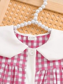 SHEIN Playful Pals 女婴夏季梭织连衣裙，可爱花卉刺绣无袖格子连衣裙，玫瑰红和白色，适合休闲、户外、派对穿着 - 玫紅色 - 查看 8