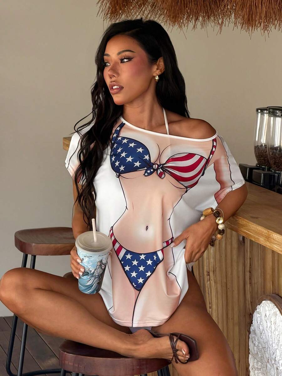 Swim Vcay Women's Creative Print Round Neck Casual Comfortable Cover Up - Multicolor - View 1