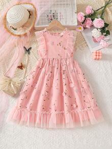 Souflis Souflis 2025春夏女童无袖碎花泡泡袖连衣裙，后背拉链，可爱甜美公主裙，适合日常穿着 - 粉色 - 查看 4