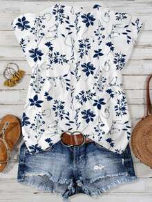 EMERY ROSE New Arrival Elegant Casual Cap Sleeve V-Neck Loose Blouse For Women - White - View 2