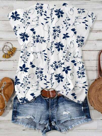 EMERY ROSE New Arrival Elegant Casual Cap Sleeve V-Neck Loose Blouse For Women