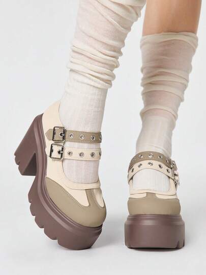 ROMWE Grunge Punk Zapatos de tacón alto con plataforma versátiles y impermeables para uso diario