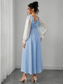 Momance Maternity Dress With Ruffle Hem, Lantern Sleeve, Bow Decor, Square Neck, Gathered Back, Bow Tie, A-Line Dress - Baby Blue - View 2
