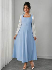 Momance Maternity Dress With Ruffle Hem, Lantern Sleeve, Bow Decor, Square Neck, Gathered Back, Bow Tie, A-Line Dress - Baby Blue - View 3