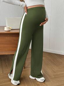 SHEIN Legging Hamil Nyaman Kasual Warna Kontras Pinggang Elastis dengan Belahan - Hijau Tentara - View 4