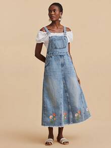 Travachic Women's Casual Denim Dress With Floral Embroidery And Pocket Design - Light Wash - View 5