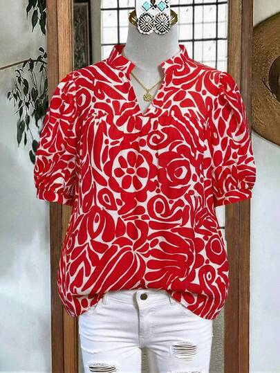 SHEIN LUNE 女士复古抽象花卉印花立领泡泡袖衬衫，适合周末逛市、与朋友喝下午茶、度假拍照和日常通勤。