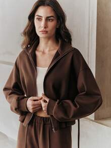 Anewsta 女士优雅上衣，都市时尚简约长袖可调节收腰卫衣 - 咖啡棕 - 查看 7