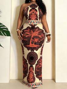 Slaydiva 2025 New Arrival Vacation Suitable For Spring & Summer, Orange Versatile Daily Casual All-Match Beach Halter Tie Waist Abstract Gradient Geometric Print High Slit One-Sided Slit Dress - Multicolor - View 3