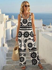 EMERY ROSE Bộ jumpsuit không tay dáng rộng thoải mái, tối giản, phong cách bohemian, thanh lịch, cổ điển, lãng mạn, in hoa, thích hợp cho nữ, phù hợp cho mùa xuân/hè. - Nhiều màu - Xem 5