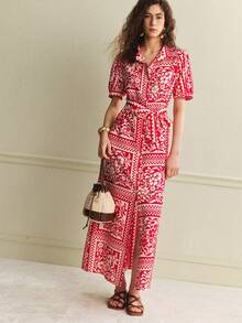 Écloséra 法式复古印花长裙 - 紅色 - 查看 5