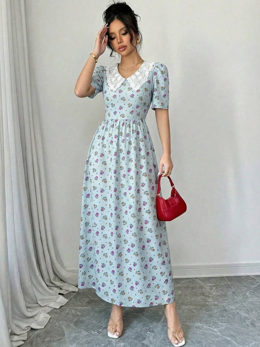 Modelyn 女士彼得潘领印花荷叶边优雅收腰长款派对连衣裙 - 藍色 - 查看 1