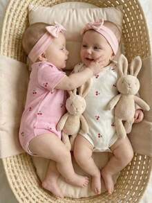 SHEIN Baby Girl Bodysuits 2-Piece Infant Girls' Cherry Print Short Sleeve Rompers Cherry Baby Clothes - Multicolor - View 1