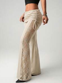 SHEIN ICON Women's Black Lace Side Splice Vacation Sexy Waist Drawstring Flare Pants - Apricot - View 6