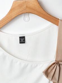 GlowEve CURVE Plus Size Women Elegant Casual Asymmetric Bow Stretchy Fitted Plus Size Short Sleeve Top, Spring/Summer Gym Brown - White - View 3