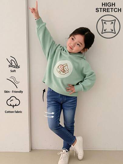 Girls' Fashionable High-Stretch Denim Skinny Jeans, Lightweight For Spring/Summer/Autumn/Winter, Washed Dark Blue, Casual Street Style, Elastic Waist, Faux Pockets, Distressed Details, Soft Cotton Denim Fabric, Suitable For Daily Wear, Parties, School, Commuting, 2026 Spring/Summer New Arrival