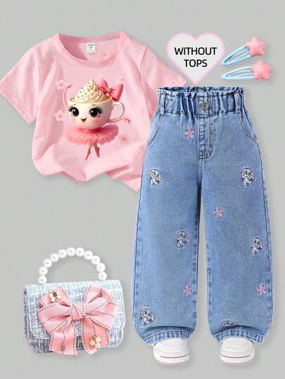 SHEIN ChillGRL 少女休闲直筒兔子印花牛仔裤，时尚街头风，适合上学和日常穿着。可爱的蓝紫色兔子印花，荷叶边腰带设计，宽松版型浅蓝色水洗牛仔布。松紧腰带穿着舒适，适合日常外出、度假、校园生活以及与朋友聚会。