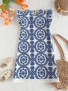 Travachic KIDS Tween Girls' Elegant Summer Vacation Blue & White Floral Print Dress - Blue - View 1