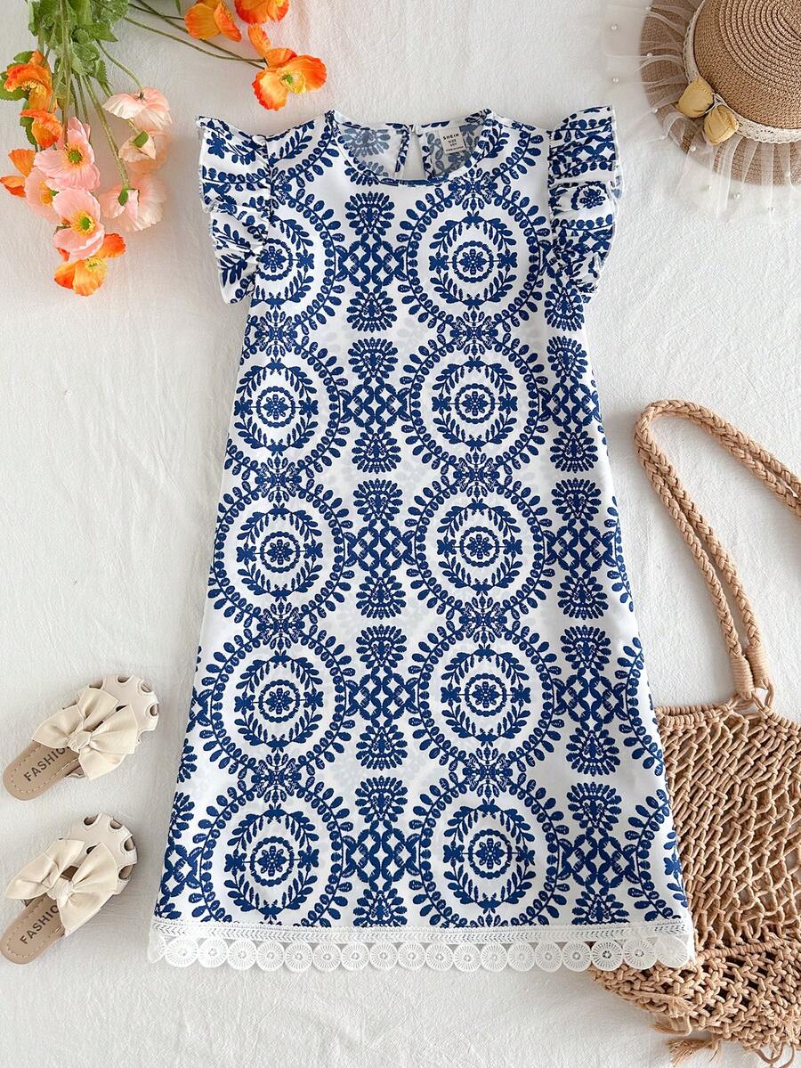 Travachic KIDS Tween Girls' Elegant Summer Vacation Blue & White Floral Print Dress - Blue - View 1