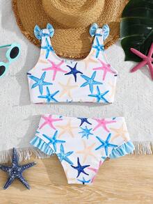 SHEIN 2pcs/Set Young Girl Knitted Starfish Pattern Swimsuit Top And Swim Shorts Set - Baby Blue - View 2