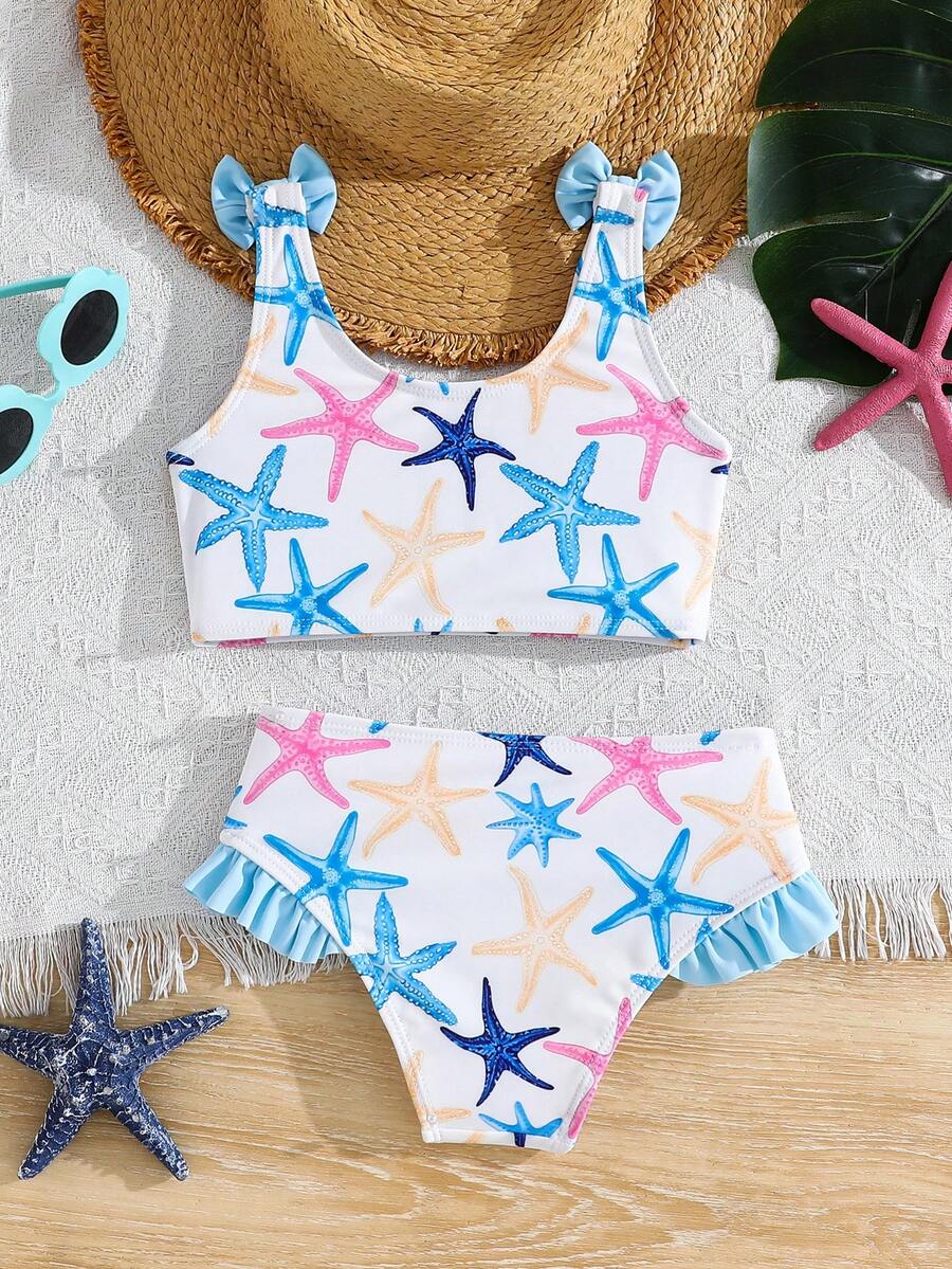Emery Rose Kids 2pcs/Set Young Girl Knitted Starfish Pattern Swimwear Top And Swim Shorts Set Starfish Bathing Suit Kids Matching Swimsuit Girls 2 Piece Bathing Suits - Baby Blue - View 1