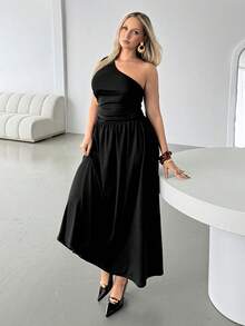 Auralis Plus Size Black Summer Elegant Formal One Shoulder Ruched Maxi Dress,Women's Asymmetrical Flared Hem Mermaid Style Wedding Guest Party Dress - Black - View 2