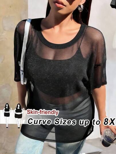 SHEIN CURVE+ Sheer Mesh Glittery Crew Neck Loose Pullover Top, Plus Size