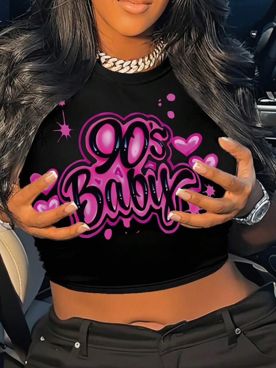 SHEIN Women Casual Letter Print Slim Fit Crop Top T-Shirt, Summer - Black - View 1