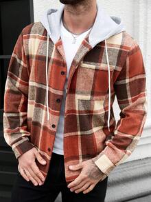 Manfinity Homme Áo khoác nam cỡ lớn kẻ caro có mũ trùm đầu, dây rút, kiểu dáng thường ngày, không kèm áo thun bên trong, quà tặng cho bạn trai. - Nhiều màu - Xem 5