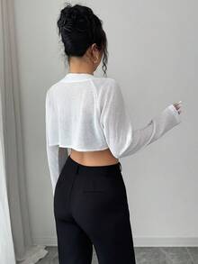 SHEIN Elenzya Chaqueta corta ligera de manga larga con hombros caídos y unicolor para mujer - Blanco - Ver 2