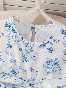 Elladie kids Girls' Elegant Ditsy Floral Sleeveless Waist Cinched Asymmetrical Hem Dress, Suitable For Casual, Vacation, Holiday, Party, Birthday And Other Occasions, Summer Kids Jacquard Dresses Blue Dresses 7 8y Kids Casual Aline Sleeveless Dresses Kids Frocks Blue Floral Dress Girls Girls Jacquard Dresses - Blue - View 4