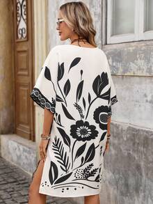 Brillora Áo khoác kimono nữ cổ chữ V in hoa, kiểu dáng thường ngày, có túi hai bên. - Đen và trắng - Xem 2