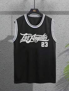 Aesthetic Post 男士撞色滚边圆领字母印花休闲背心，夏季 - 黑色 - 查看 1