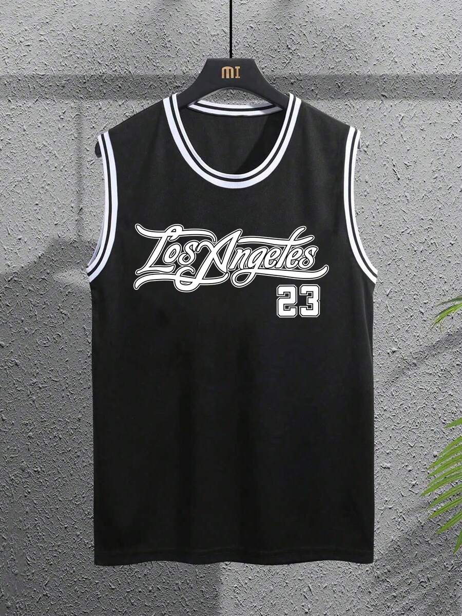 Aesthetic Post 男士撞色滚边圆领字母印花休闲背心，夏季 - 黑色 - 查看 1