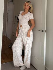 DAZY Sweet Bow Decor Floral Lace Patchwork Women Pajama Set - White - View 5