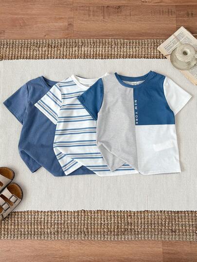 3 piezas Camisetas casuales y lindas con parches y rayas azules para niños pequeños, adecuadas para vacaciones, escuela, hogar y viajes