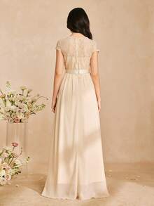 Elegant Lace & Chiffon V-Neck Cap Sleeve Waist Fit Flare Dress, Suitable For Bridesmaids, Prom, Birthday Party, Banquet, All Seasons - Apricot - View 2