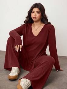 Enliva 大码休闲家居服简约露肩罗纹两件套，秋冬皆宜，适合圆润身材曲线 - 酒紅色 - 查看 4
