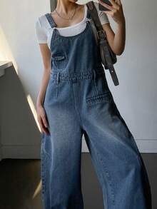 Livesso Women's Pocket Design Loose Casual Denim Jumpsuit - Dark Wash - View 8