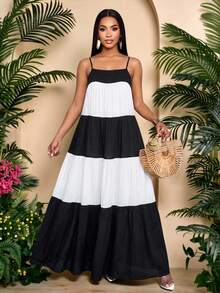 SOLERSUN Spring/Summer Women's Wear: Elegant And Casual Resort Style, Black And White Color Block, Woven Fabric, Sleeveless, Thin Straps, Layered Pleats, Full Skirt Maxi Dress Women Vacation Dress Summer Long Dress Tiered Maxi Dress - Black - View 1
