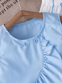 SHEIN 2 piezas Conjunto de chaleco con cuello de volantes azul y pantalones largos con estampado de moño para niña - Azul - Ver 4