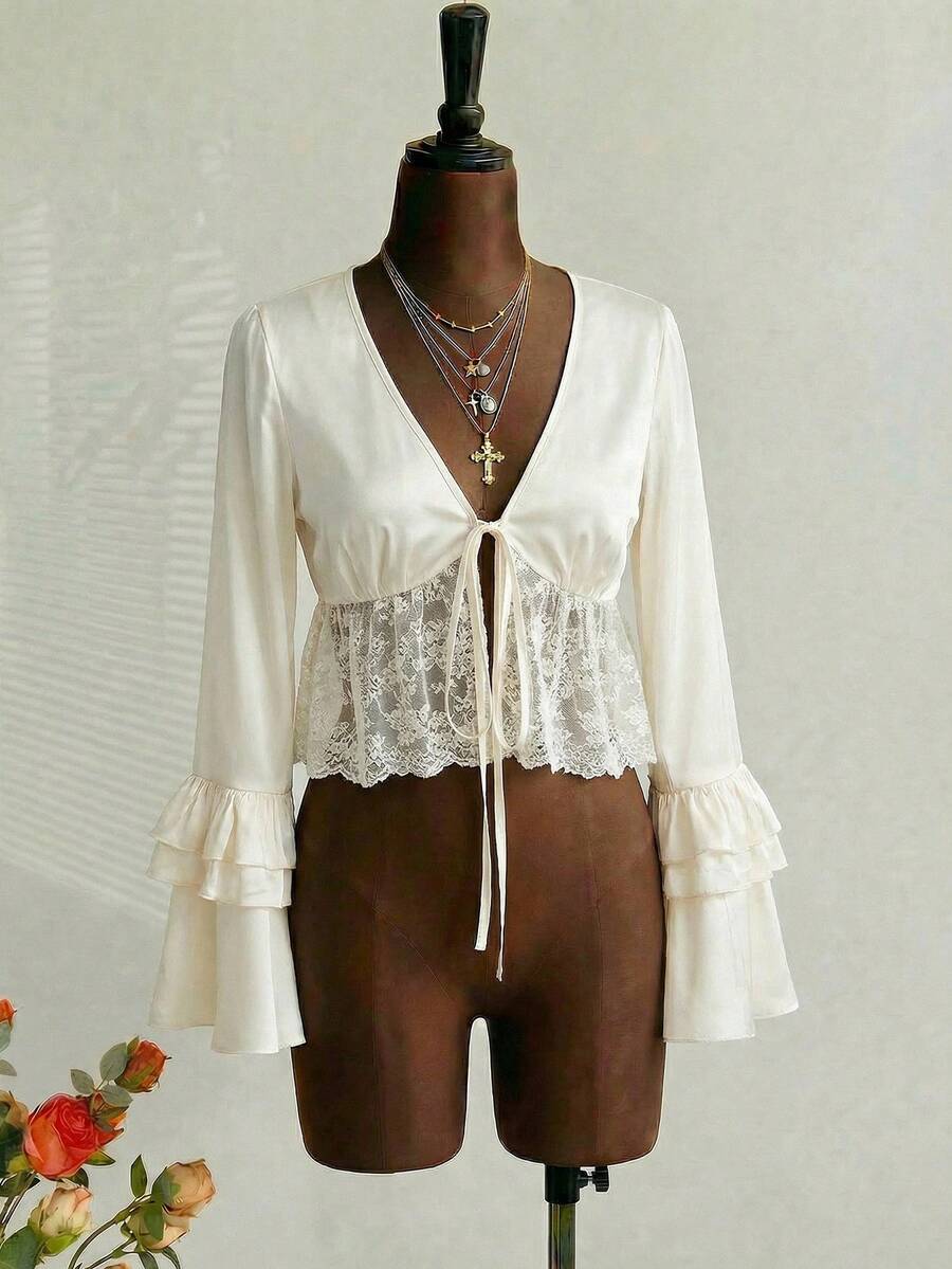 SHEIN MOD Women's Apricot Satin Lace Hem Bell Sleeve Blouse,Carnival Costumes,Valentine's Day,Tea Party ,Spring/Summer Outfits,Beach Outfits,Boho ,Elegant Outfits, White Blouse, Cream Blouse, Cream Top, Elegant Top - Apricot - View 1