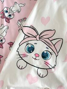 Loomiva 3pcs Baby Girl Cartoon Animal Print Soft Knit Ruffle Collar Sleeveless Romper & Shorts Set - Pink - View 3