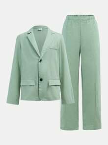 2pcs Tween Boy Mint Green Suit Jacket & Elastic Waist Pants Set, Casual Tracksuit, Suitable For Birthday Party, Evening Event, Performance, Wedding, Baby Shower, Christening, Celebration, Valentine's Day, Wedding Season, Party - Green - View 3