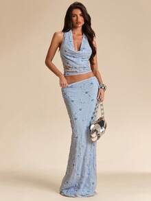 SHEIN BAE 蓝色串珠刺绣垂褶领口系带露背无袖背心，适合度假、日常穿着、约会、派对、音乐节等场合。 - 淺藍色 - 查看 6