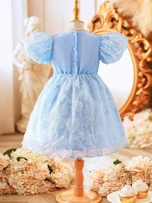 SHEIN Girls' Peter Pan Collar Floral Waist Puff Skirt Tulle Party Dress With Puff Sleeves, Elegant For Gatherings And Occasions, All Seasons Kids Blue Dresses Girls Blue Dresses Ballerina Baby Blue Princess Childrens Blue Floral Dress Small Girl Sky Blue Dresses Jacquard Dresses For Kids Small Girl Blue Dresses Kids Jacquard Dresses Toddler Girl Blue Dresses Girls Puff Sleeve Dresses Kids Light Blue Dresses Summer Tops New Ss26 Fashion Squishy Summer Outfits - Blue - View 2