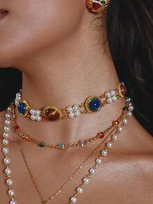 Glisma 18K Gold-Plated 1pc Flower Necklace With Pearl/Mother Of Pearl, Textured, Metallic Accents, Suitable For Party, Casual, Concert/Festival, Night Club, Wedding, Holiday, Vacation, Camping - For Women/Girls, Fall/Autumn/Winter, Festival, Holiday, Vacation, Old Money, Halloween - Gold - View 1